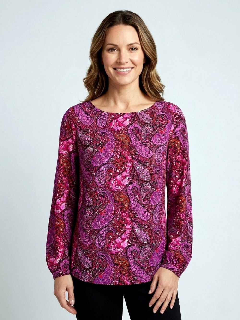 Ann Taylor Pink Fushia Paisley Long Sleeve Blous size 8